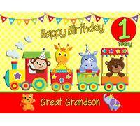 1st Birthday Card for Great Grandson (Train Yellow) - From Grandad Grandma Greeting Gift Keepsake Blank Inside Premium Quality Envelope Included UK Seller