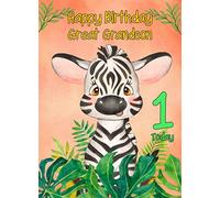 1st Birthday Card for Great Grandson (Zebra) - From Grandad Grandma Greeting Gift Keepsake Blank Inside Premium Quality Envelope Included UK Seller