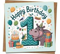 1st Birthday Card for Kids - Cute Hippo, Balloons and Cake Design, Happy Birthday One Today - Square 145mm x 145mm - Blank Inside with Kraft Envelope