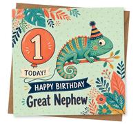 1st Birthday Card for Nephew, Chameleon & Number 1 | Cheerful party chameleon beside a number 1 balloon, with ‘Happy Birthday Today!’ for your 1st birthday Nephew.