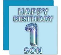 1st Birthday Card for Son - Blue Glitter Party Balloons - Happy Birthday Cards for 1 Year Old Son from Mum Dad Parents, 145mm Bday Greeting Cards Gift