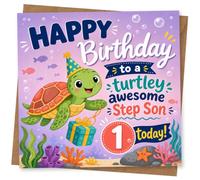 1st Birthday Card for Son, Turtley Awesome Turtle | Underwater turtle in a party hat holding a present, with bubbles and fish; reads “turtley awesome… 1 today!”