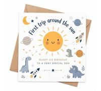 1st Birthday Card for Son with Envelope, First Trip Around the Sun Card, Cute Space Dinosaur Birthday Card for Baby Boy, Special Son from Mum and Dad, Grandparents or Family Keepsake