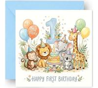 1st Birthday Card Gift for Baby Boy - One Today - 1 Year Old - Cute Animals Design - Happy First Birthday Card for Great Grandson Nephew Son or Boys - Includes Blue Envelope - 14cm