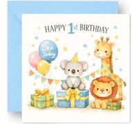 1st Birthday Card Gift for Baby Boy - One Today - 1 Year Old - Cute Animals Design - Happy First Birthday Card for Great Grandson Nephew Son or Boys - Includes Blue Envelope - 14cm