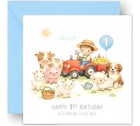 1st Birthday Card Gift for Baby Boy - One Today - 1 Year Old - Cute Tractor and Farmyard Design - Happy First Birthday Card for Great Grandson Nephew Son or Boys - Includes Blue Envelope - 14cm