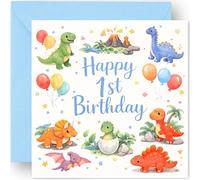 1st Birthday Card Gift for Boys - One Today - 1 Years Old - Cute Dinosaur Design - Happy First Birthday Greeting Card for Grandson Nephew Son Toddler or Boys - Includes Blue Envelope - 14cm