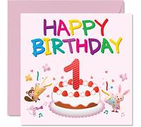 1st Birthday Card Girl - Critter Party Birthday Card - Happy 1 Year Old Girl, Girls Cards for Her, 145mm Greeting for Daughter Niece Granddaughter Kid Children