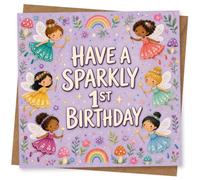 1st Birthday Card, Have a Sparkly Birthday Fairies | “Have a Sparkly 1st Birthday” text with winged fairy girls, rainbows, flowers, stars and cute mushrooms on purple.