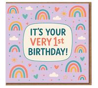 1st Birthday Card - It's Your Very 1st Birthday - Pastel Rainbow and Hearts Design on Lilac - Cute First Card for Baby or Toddler