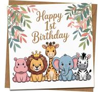 1st Birthday Card - Jungle Safari Animals Square Greeting - 145mm x 145mm - Cute Lion Giraffe Elephant Zebra Design - Unisex Kids - Includes Kraft Envelope
