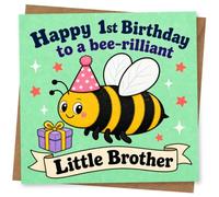 1st Birthday Card, Little Brother 1st Birthday Card, Cute Bee Design with 'Happy to a bee-rilliant Little Brother' Message