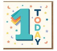 1st Birthday Card - One Today Kids Card, Bold Teal Number 1 with Colourful Layers, Stars & Moons, Cute Gender-Neutral First Birthday Design