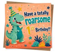 1st Birthday Card, Roarsome Dino in Party Hat, Stars | Features a cheerful teal dinosaur in a striped party hat with the words “Have a totally roarsome 1st Birthday!!!”