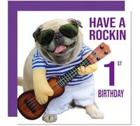 1st Birthday Card - Rock n Roll Pug Dog Funny Birthday Card for 1 Year old Kids Baby One, first
