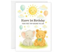 1st Birthday Card - “Your First Trip Around the Sun” - Cute Elephant and Bear Design - Baby’s First Birthday Card for Boys or Girls - Sweet Milestone Keepsake