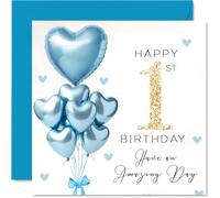 1st Birthday Cards for Boys - Blue Glitter Balloons - Happy Birthday Card for 1 Year Old Boy Cousin Grandson Great Nephew Step Son, 145mm Bday Greeting Cards