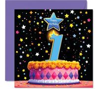 1st Birthday Cards for Boys Girls - Pink Cake & Stars - Happy Birthday Card for 1 Year Old Boy Girl Sister Son Brother Nephew, 145mm Bday Greeting Cards