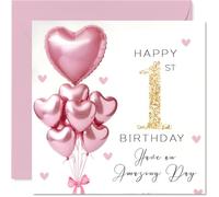 1st Birthday Cards for Girls - Pink Glitter Balloons - Happy Birthday Card for 1 Year Old Girl Daughter Sister Cousin Niece, 145mm Bday Greeting Cards