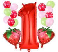 1st Birthday Decoration Balloons，UHOMENY 17PCS Birthday Party Balloons Set, Red Foil Balloon Number 1,Strawberry Balloons for Boys Girls First Birthday Party New Year Anniversary Decoration