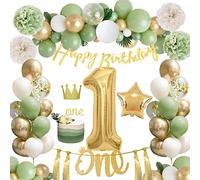 1st Birthday Decoration for Girls Boys, 64Pcs Sage Green Party Decoration Set - 32Inch 1st Birthday Balloon, Star Foil Balloon, Green Gold White Balloons, Banner, Crown, Cake Topper