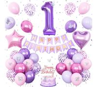 1st Birthday Decoration for Girls,Pink Purple 1st Birthday Balloon Number 1 Balloon with Butterfly Stickers Star Heart Foil Balloons Banner for Baby 1 Year Old Party Decor