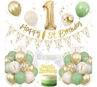 1st Birthday Decoration Sage Green, Green White Gold Birthday Decorations for 1 Year Old, Number 1 Balloons with Banner, Cake Decoration for Boy and Girl, 1 Year Old Birthday Decoration