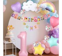 1st Birthday Decorations Balloons Girls - 103Pcs Rainbow Foil Balloon Arch Garland Decoration Kit with Photo Banner, Happy One Birthday Cake Topper Party Supplies for Boys Kids