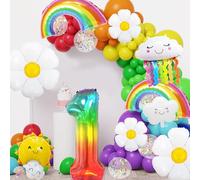 1st Birthday Decorations Balloons Girls - 155Pcs Rainbow Balloon Arch Garland Decoration Kit with Daisy, Happy One Birthday Cute Foil Balloons Party Supplies for Boys Kids