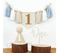 1st Birthday Decorations Boy - First Birthdays High Chair Banner Set with Crown Hat Cake Topper, 1st birthday highchair banner birth day boy birthdays Highchair Garland decorations (One Brown)