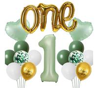 1st Birthday Decorations - Boys & Girls, 40 Inch Sage Green Number 1 Balloon, Foil Heart Balloon, Green Sequin Balloons for Baby Shower Jungle Party