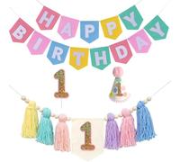 1st Birthday Decorations for Boy - Felt Happy Birthday Banner First Birthday High Chair Banner, Crown Hat, Cake Topper, Pre-Strung Highchair Birthday Banner Birthday Party Supplies (Multi One)
