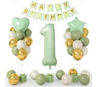 1st Birthday Decorations for Boys, 1st Birthday Balloons, Banner, Sage Green White Gold Balloons with 40 Inch Number 1, Star Heart Foil Balloon for Baby 1 Year Old Party Decorations