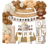 1st Birthday Decorations for Boys, Bear First Birthday Party Decoration with Month Photo Banner, Balloon Boxes, Number 1 Foil Balloon, Cake Topper, High Chair Banner