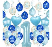 1st Birthday Decorations for Boys Blue - Fun First Birthday Latex Confetti Balloons Number 1 Foil Balloon, Hanging Swirls for 1 Year Old Baby Boy Party Celebration