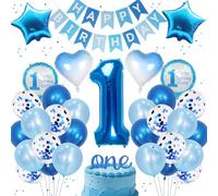 1st Birthday Decorations for Boys Decorations with 32 Inch Number 1 Balloon Blue Banner Star Foil Balloon for Boy 1 Year Old Birthday Party Supplies
