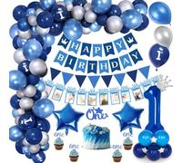 1st Birthday Decorations for Boys,First Birthday Party Decoration with Baby Month Photo Banner, Blue Silver Latex Balloons,Happy Birthday Banner,Star Foil Balloons for Boy Baby Shower
