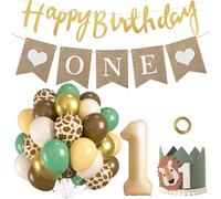 1st Birthday Decorations for Boys Girls, 33 PCS Wild One Birthday Decorations with 32 inch1st Foil Balloons, ONE flag, Jungle Balloons and a Dark Green Hat for Jungle Theme Party