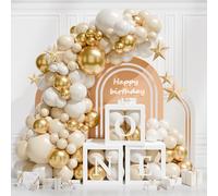 1st Birthday Decorations For Boys Girls - 3Pcs One Balloon Boxes with "ONE" Letter And 93Pcs Sand White Gold Balloons Arch Kit, One Boxes For First Birthday Decoration Neutral