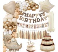1st Birthday Decorations for Boys Girls, Dino Theme Party Decorations Pack, Apricot White Gold Balloons, Confetti, Dinosaur Star Number 1 Foil Balloons, Photo Banner First Birthday Decoration for Baby