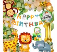 1st Birthday Decorations for Boys Girls, Jungle Safari First Birthday Decorations with Animal Foil Balloons Banner for Safari Party Decor