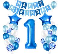 1st Birthday Decorations for Boys, Number 1 Balloon, Blue Silver 1st Party Decorations, Happy Birthday Bunting Banner, 32inch Foil Number 1 Balloons Set for Birthday Party Anniversary Decorations