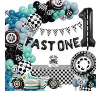 1st Birthday Decorations for Boys, Racing Cars Theme Party Decorations, First Birthday Decoration Boy Car, Fast One Decorations Kids, Blue Race Car Balloons, 1 Balloon Cake Topper for Baby