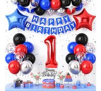 1st Birthday Decorations for Boys,Red Black Blue Birthday Balloon Number 1 Balloon with Star Foil Balloons Banner Cake Topper for Baby 1 Year Old Kids Theme Party Decor