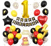 1st Birthday Decorations for Boys,Red Black Yellow Birthday Balloon Number 1 Balloon with Star Heart Foil Balloons Banner Cake Topper for Baby 1 Year Old Party Decor