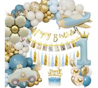 1st Birthday Decorations for Boys With Photo Banner, Blue and Gold Balloons, Number 1 Cake Topper, and Car Balloons