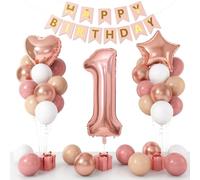 1st Birthday Decorations for Girls, 1st Birthday Balloons, Rose Gold White Balloons with 32 Inch Number 1, Star Heart Foil Balloon, Banner for 1 Year Old Baby Shower Anniversary Party