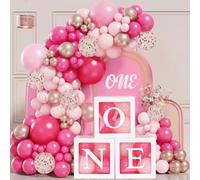1st Birthday Decorations for Girls - 3pcs One Balloon Boxes with 104pcs Pink Balloon Arch Kit, Baby Pink Balloon One Boxes for 1st Birthday Princess, First Birthday Decorations Baby Girls 1 Year Old