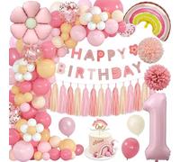 1st Birthday Decorations for Girls,Boho Retro Pink Balloon Arch Kit, Rainbow Garland with Happy Birthday Banner, Number 1 Foil Balloon Tassels Pompoms for First Birthday Party