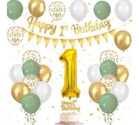 1st Birthday Decorations for Girls Boys Set, 1st Birthday Balloons with Sage Green White Gold Balloons, Happy Birth day Banner and Cake Topper, for First Years Old Party,Wild One Birth-day Decorations